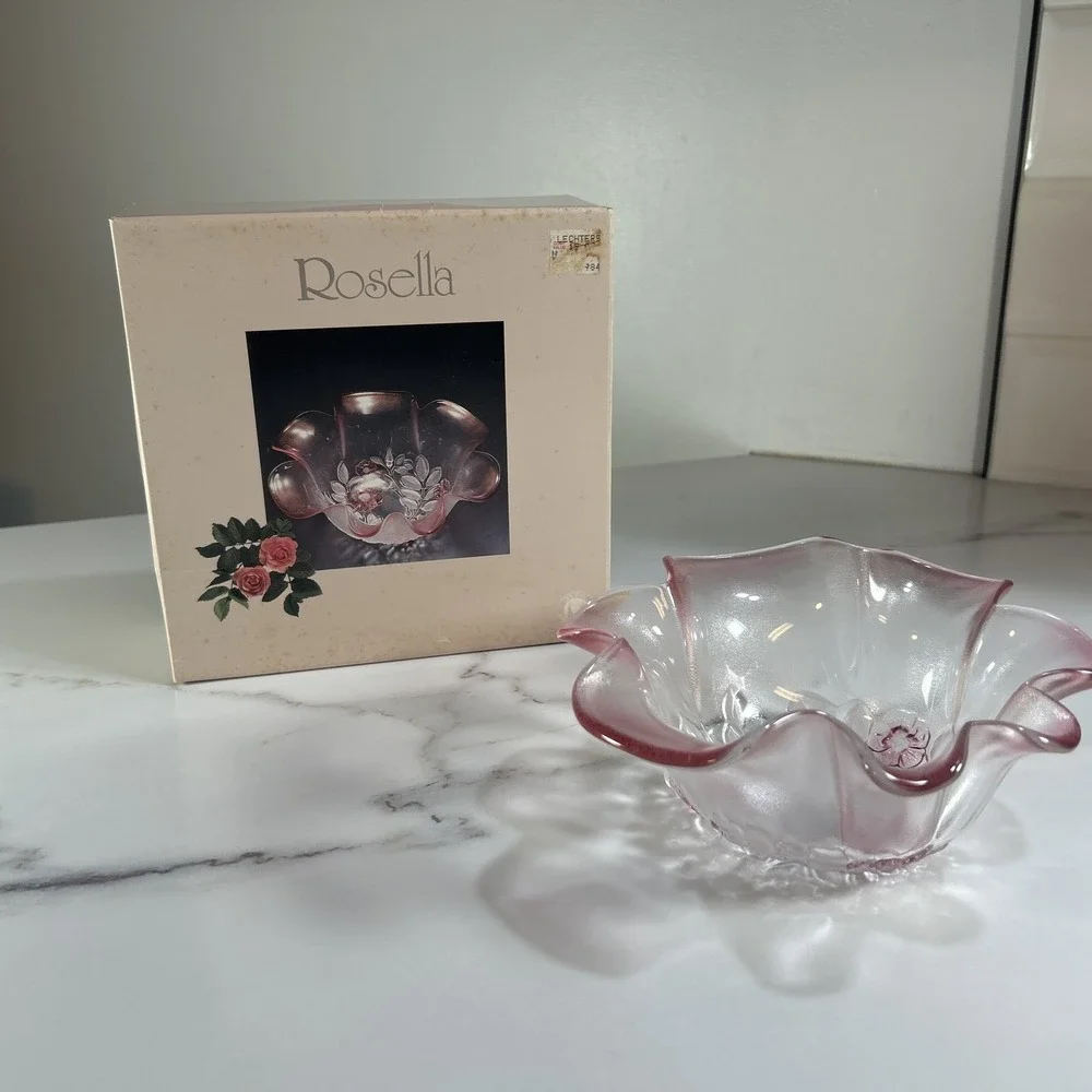 Vintage Mikasa Walther Rosella Ruffle Edge Flower Bowl Pink Clear Glass Dish 11